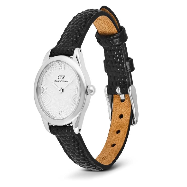 Daniel Wellington DW00100887 Ophelia Mini – Vista laterale cassa ovale argento cinturino lizard nero da CICCO Gioielleria