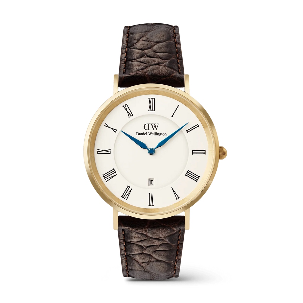 DW00100912 - Classic Roman Numerals Date Dark Brown Croc Belly Gold