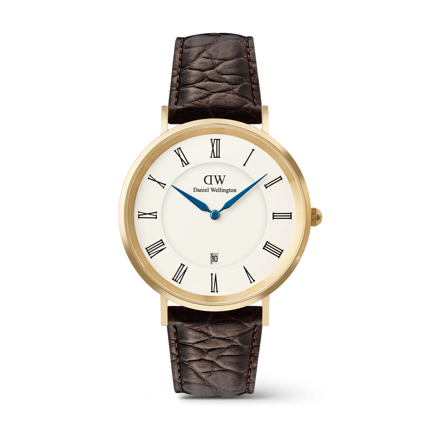 DW00100912 - Classic Roman Numerals Date Dark Brown Croc Belly Gold