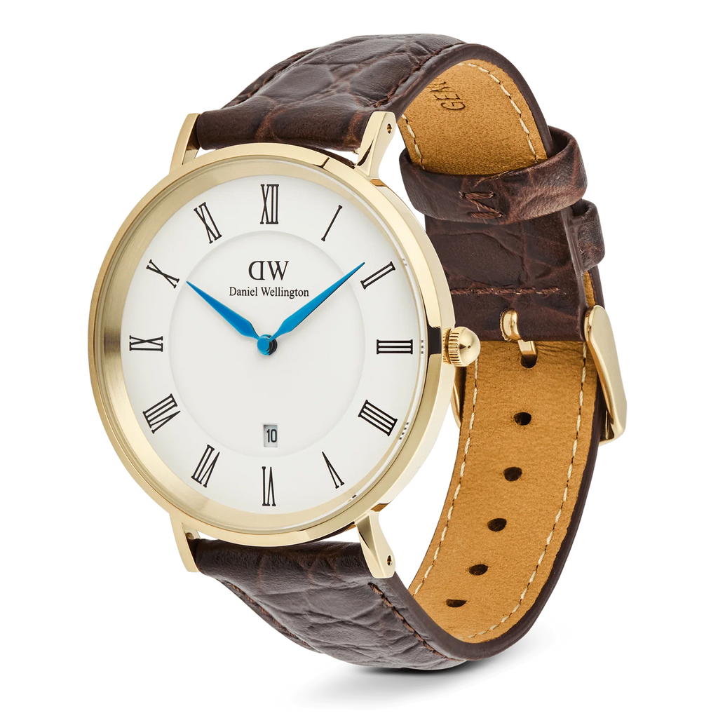 DW00100912 - Classic Roman Numerals Date Dark Brown Croc Belly Gold