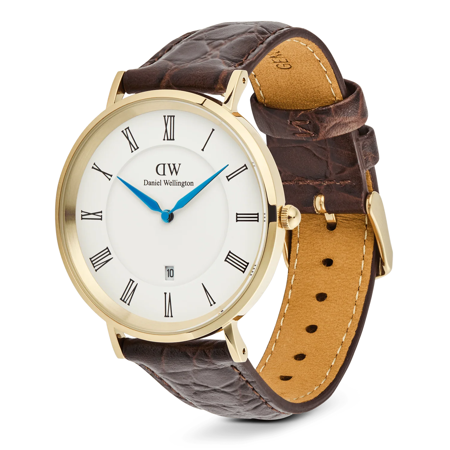 DW00100912 - Classic Roman Numerals Date Dark Brown Croc Belly Gold