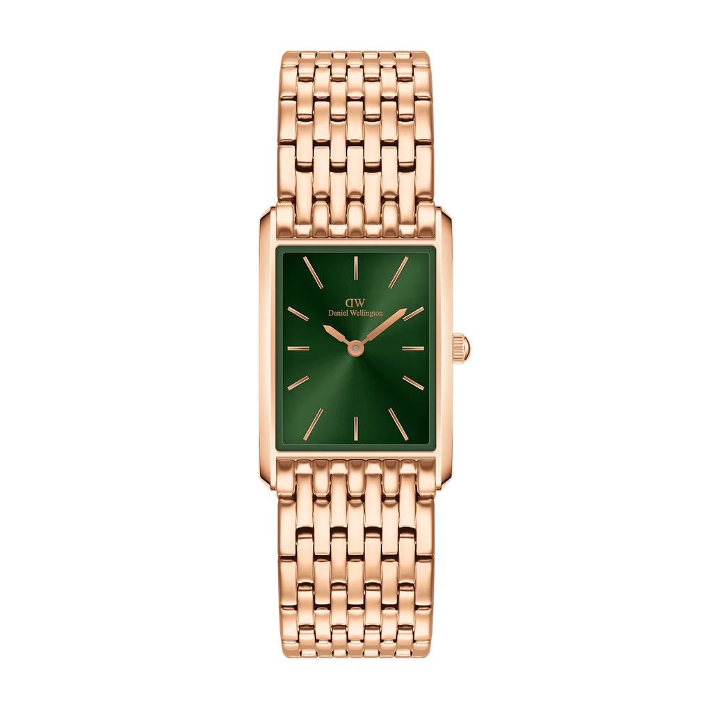 Daniel Wellington Bound 9-Link Emerald Sunray Rose Gold – Vista frontale su sfondo bianco – Orologio donna DW00100704