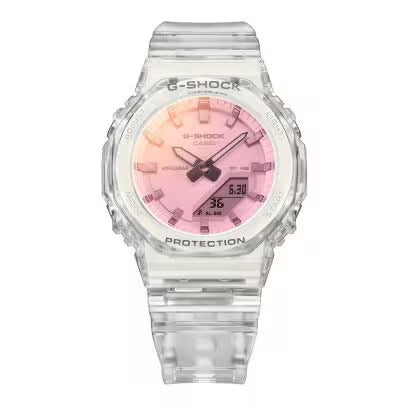 Dettaglio quadrante Casio G-Shock GMA-P2100SR-7AER – vetro con deposizione da vapore polarizzato e colori cangianti