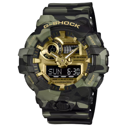 Casio G-SHOCK GA-700CMG-3A – Vista frontale – Orologio Bold Camo camouflage dorato da Cicco Gioielleria