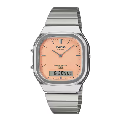 Casio Vintage AQ-240E-4AER orologio ana-digi cassa argentata quadrante arancione pastello