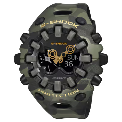Casio G-SHOCK GA-V01CMG-3A – Vista frontale – Orologio Bold Camo camouflage dorato da Cicco Gioielleria