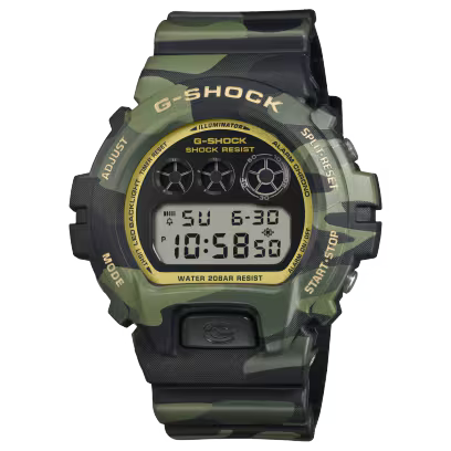 Casio G-SHOCK DW-6900CMG-3AER – Vista frontale – Orologio Bold Camo camouflage dorato da Cicco Gioielleria