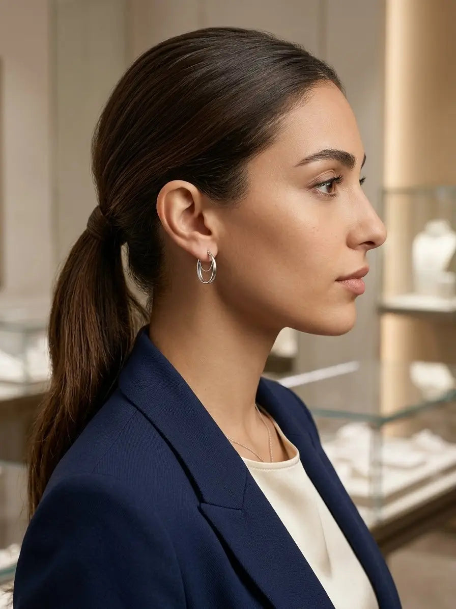 Orecchini a cerchio ovali OR0165 in argento 925 indossati con capelli raccolti e blazer blu, CICCO Gioielleria.
