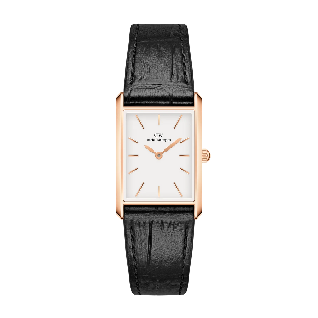 Daniel Wellington Bound Black Crocodile Rose Gold – Vista frontale su sfondo bianco – Orologio donna DW00100693