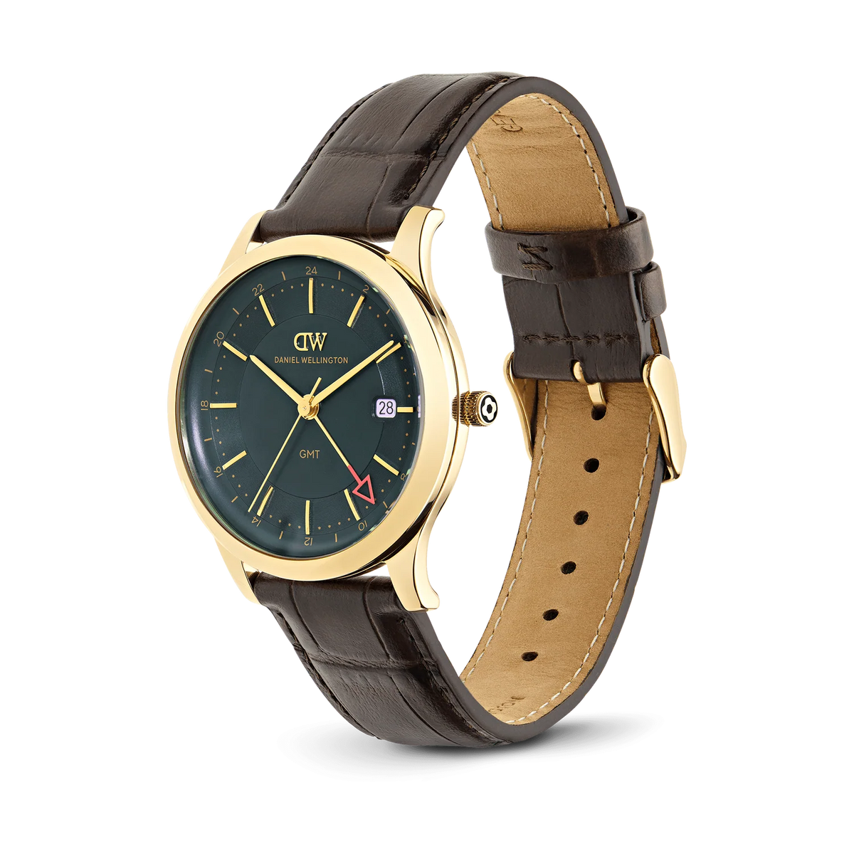 Daniel Wellington DW00100974 vista laterale – Cinturino croc marrone e quadrante verde al polso