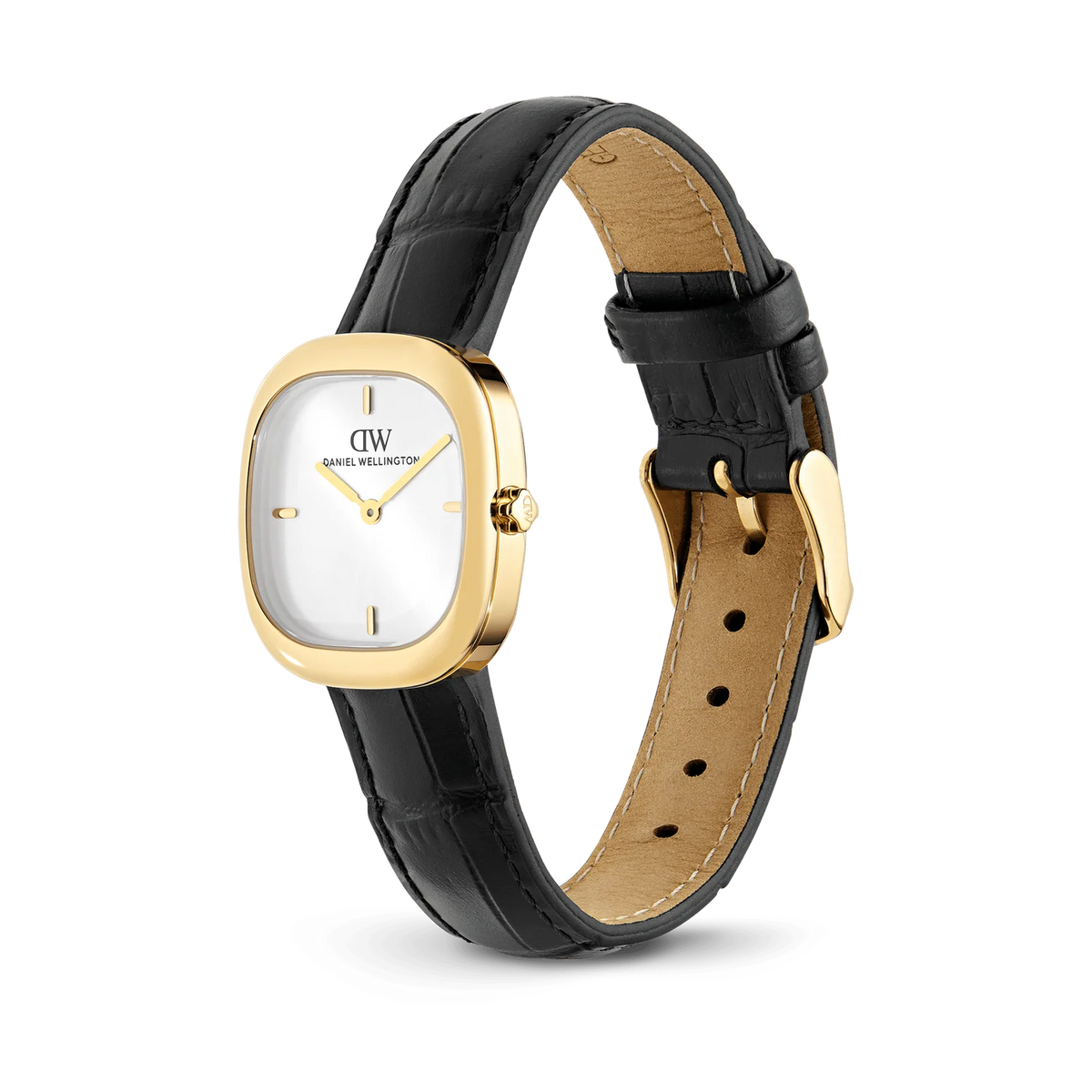 Daniel Wellington Corta DW00100995 vista laterale – Orologio donna cinturino croc nero gold al polso – CICCO Gioielleria