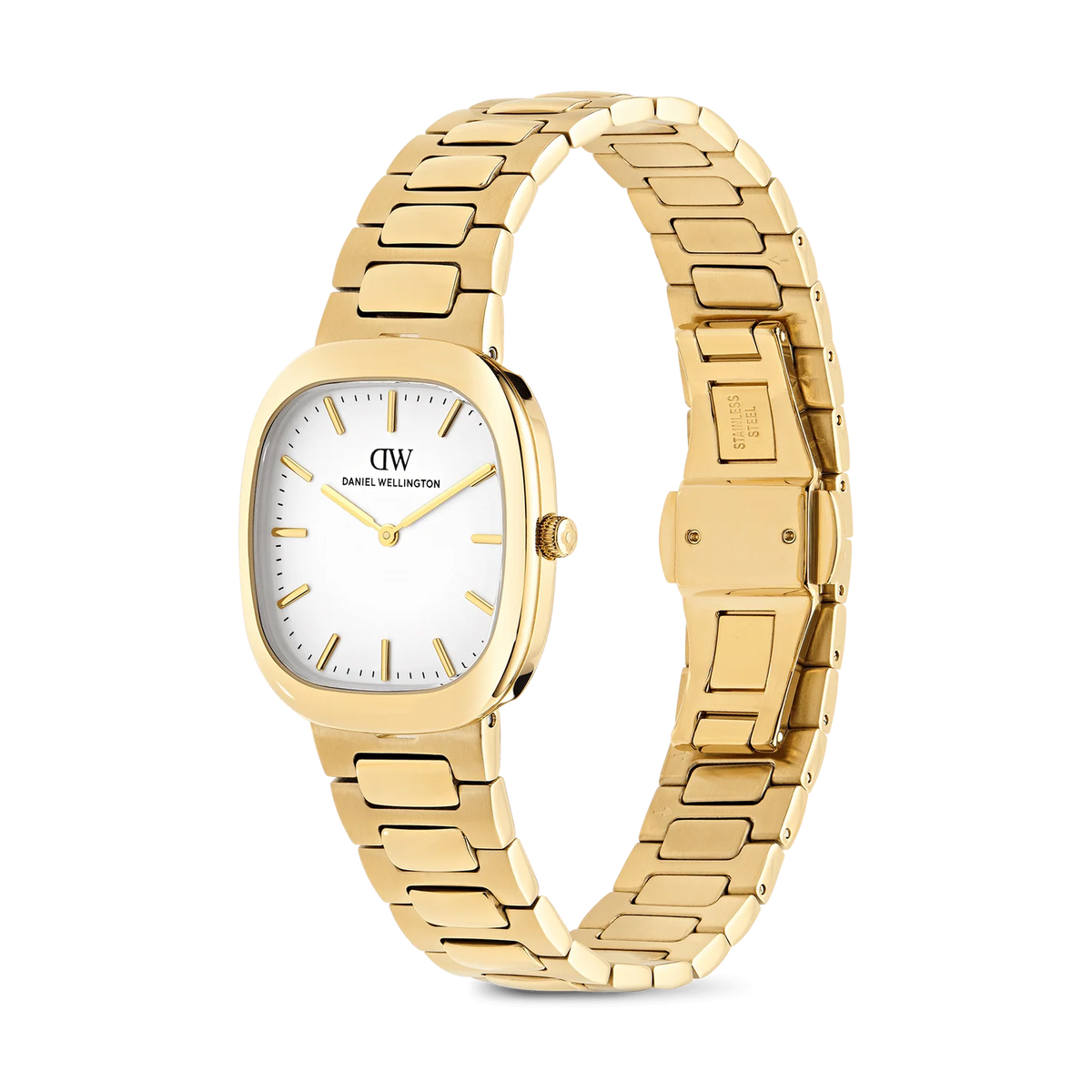 Daniel Wellington DW00100985 vista laterale – Bracciale H-link oro e quadrante bianco al polso