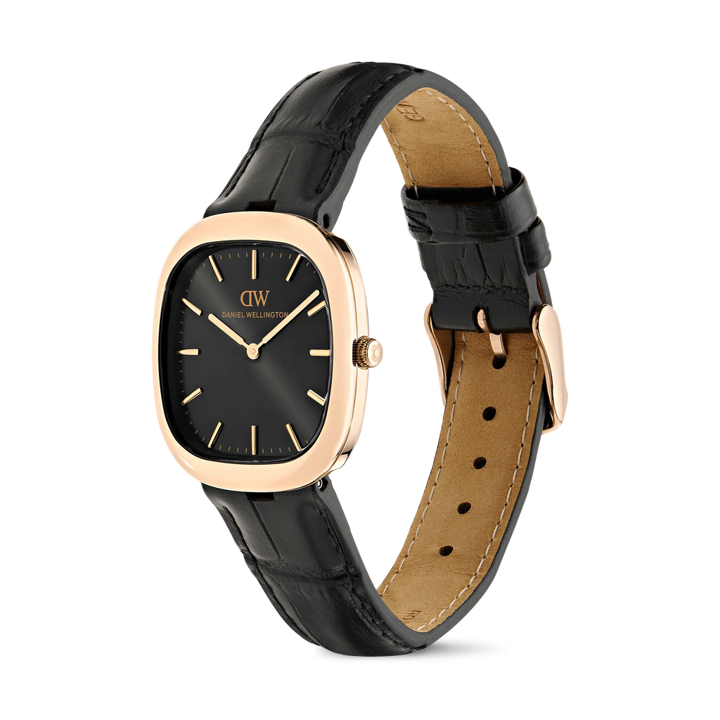 Daniel Wellington Cort DW00100987 – Vista laterale cassa cuscino rose gold e pelle nera – CICCO Gioielleria