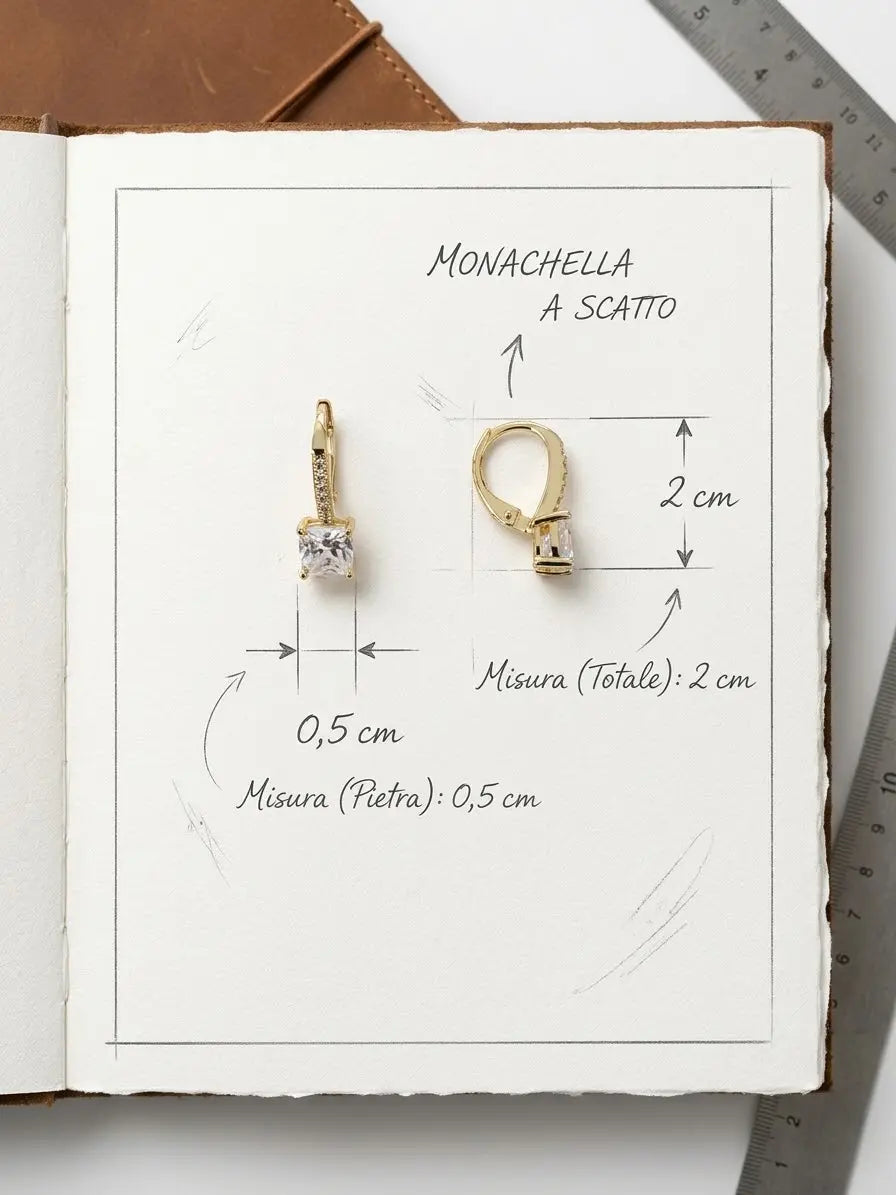 Orecchini OR0177 in argento 925 dorato con monachella a scatto, lunghezza totale 2 cm e pietra da 0,5 cm, CICCO Gioielleria.
