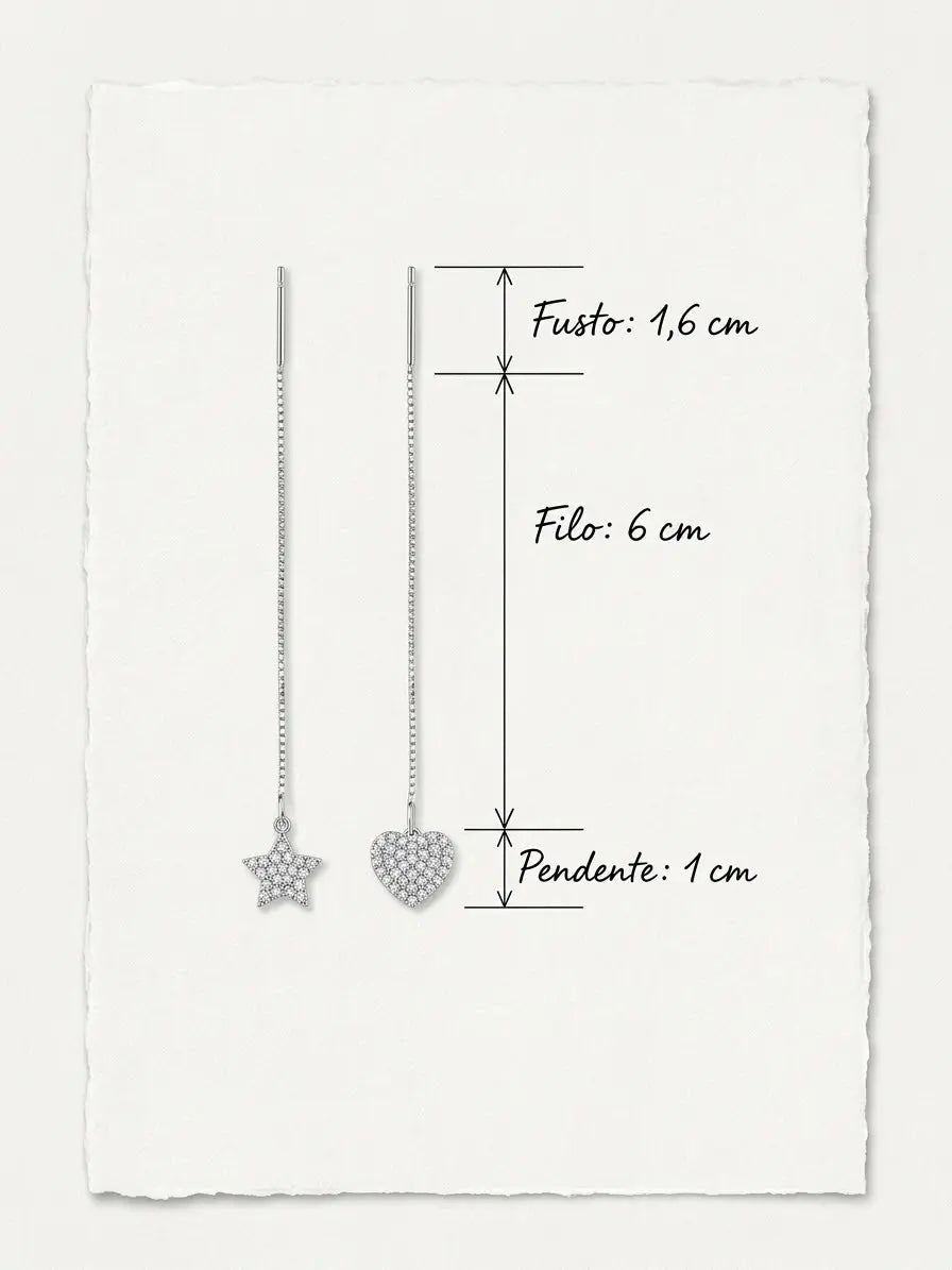 Orecchini a filo cuore e stella OR0147 in argento 925, con misure: fusto 1,6 cm, filo 6 cm e pendenti 1 cm, CICCO Gioielleria.