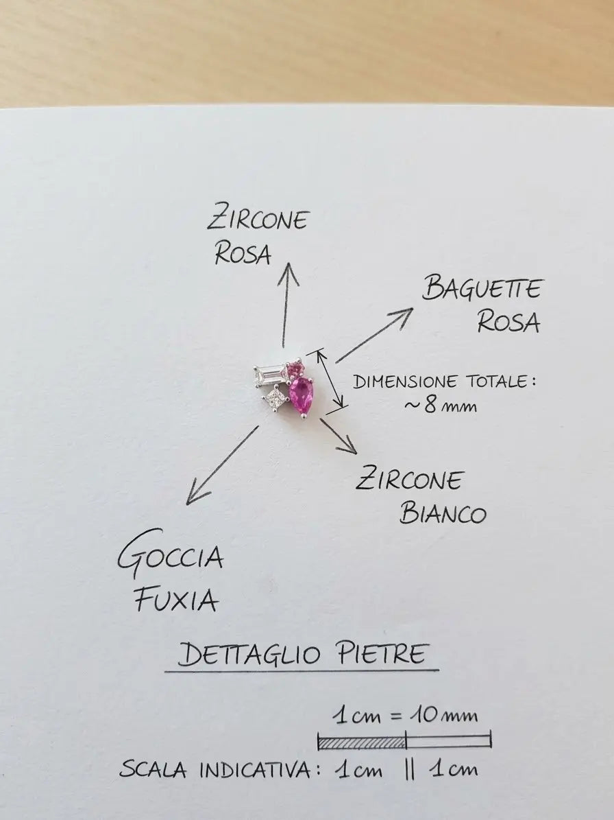 Dettaglio delle pietre rosa, fucsia e bianche degli orecchini CICCO925 OR0169 con dimensione indicativa di 8 mm, CICCO Gioielleria.