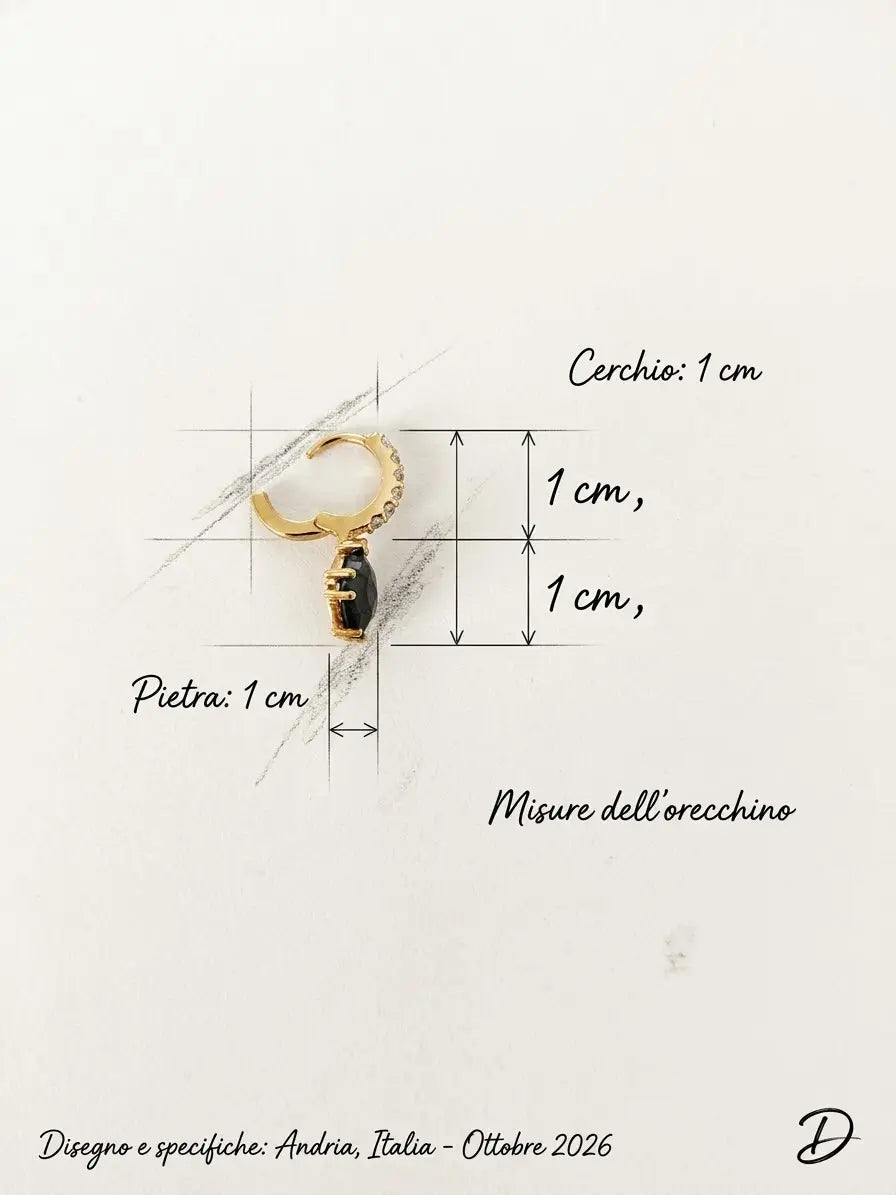 Vista laterale del monorecchino OR0152 con indicazioni delle misure: cerchio e pendente di circa 1 cm ciascuno, CICCO Gioielleria.