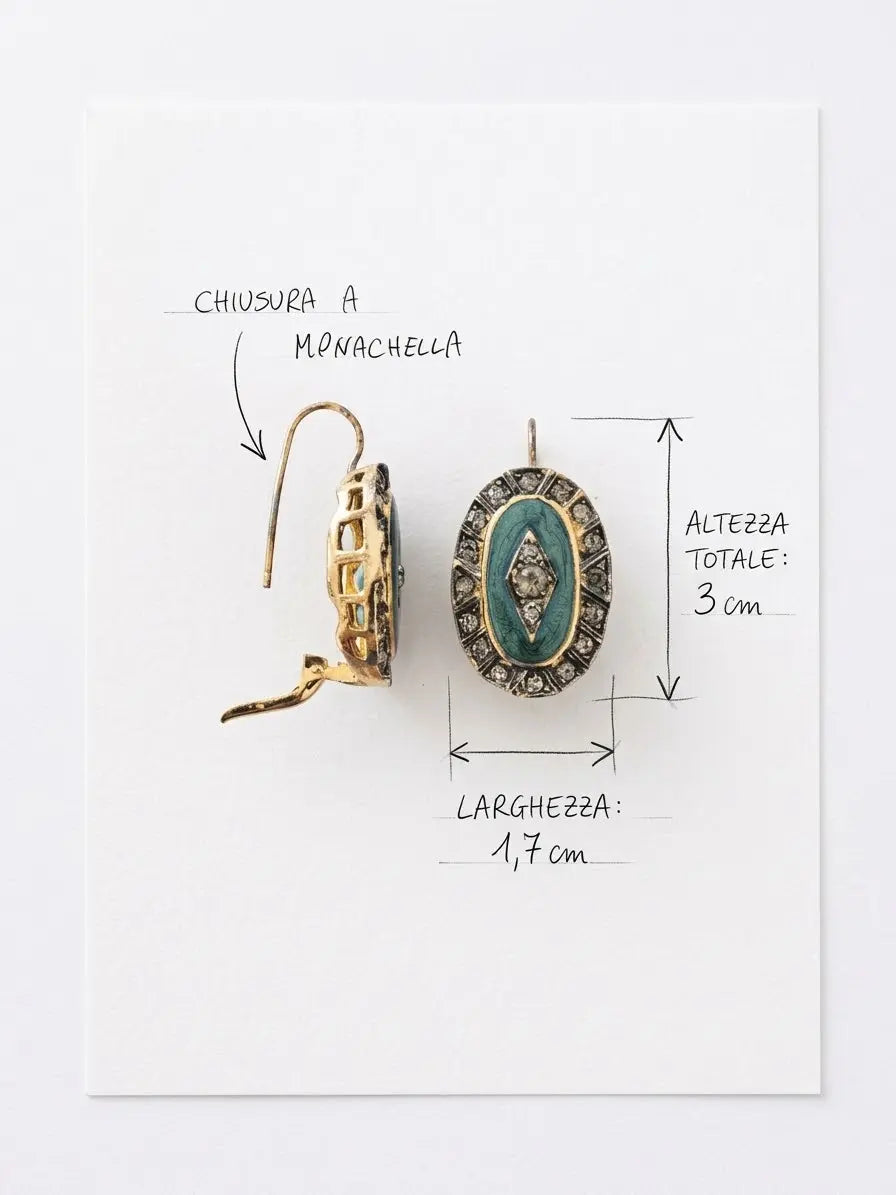 Misure degli orecchini OR0162 in argento 925 con smalto verde e zirconi fumé: altezza totale 3 cm e larghezza 1,7 cm, CICCO Gioielleria.