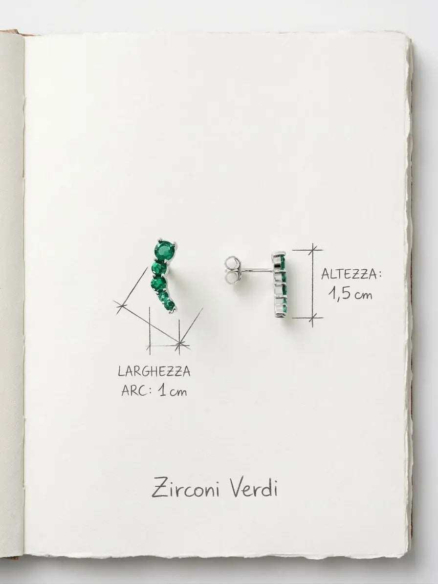 Orecchini OR0173 con zirconi verdi, immagine con altezza di 1,5 cm e larghezza dell’arco di circa 1 cm, CICCO Gioielleria.