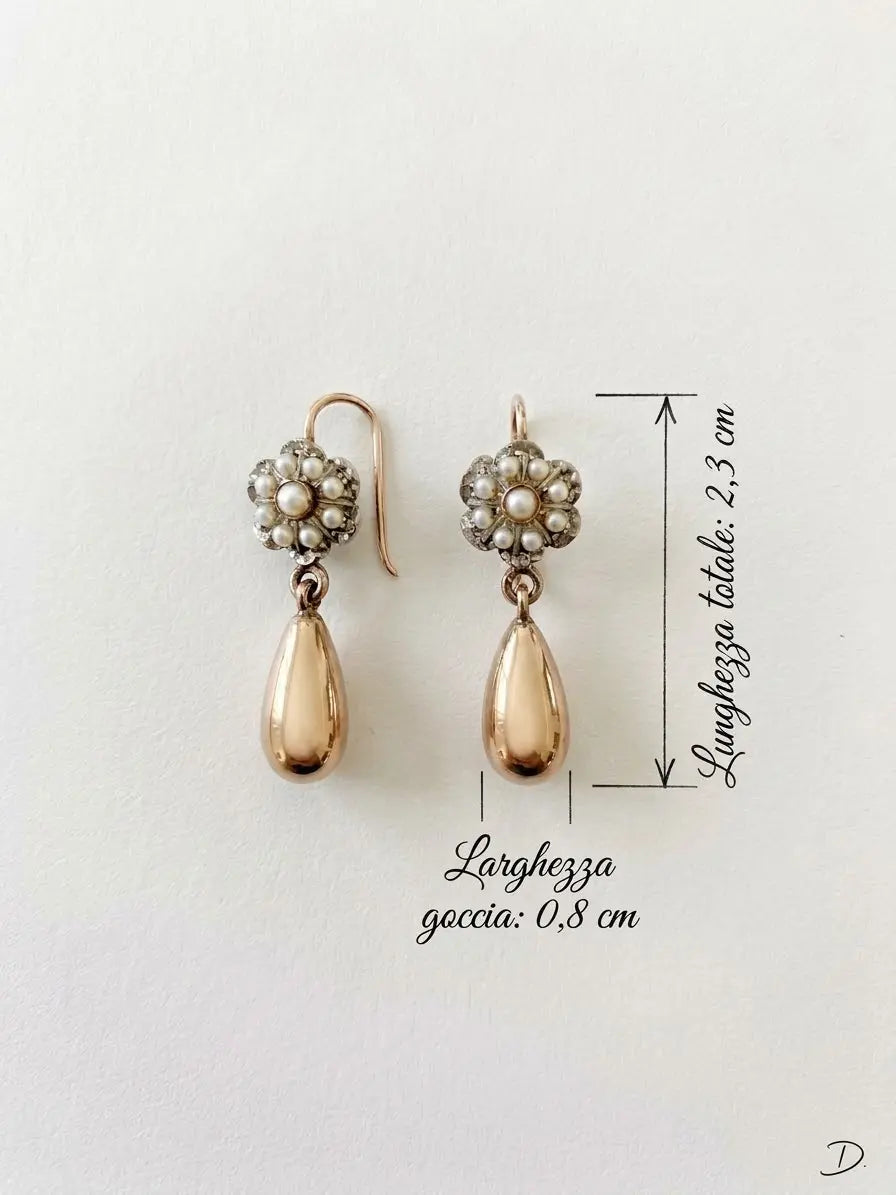 Misure degli orecchini OR0161 con perle e goccia rosé: lunghezza totale 2,3 cm e larghezza della goccia 0,8 cm, CICCO Gioielleria.