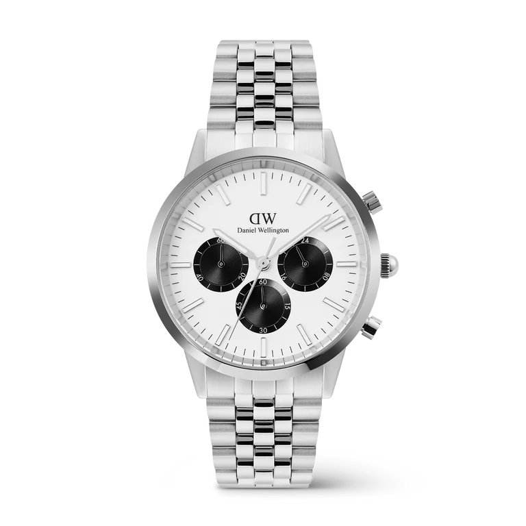 Orologio Daniel Wellington Iconic Chronograph Arch 5-Link Off-White Panda Silver DW00100872 Vista Frontale | CICCO Gioielleria