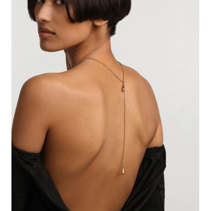 Collana PDPAOLA Tango CO01-782-U indossata al collo, con design a Y e pendenti a goccia in argento 925 placcato oro 18K