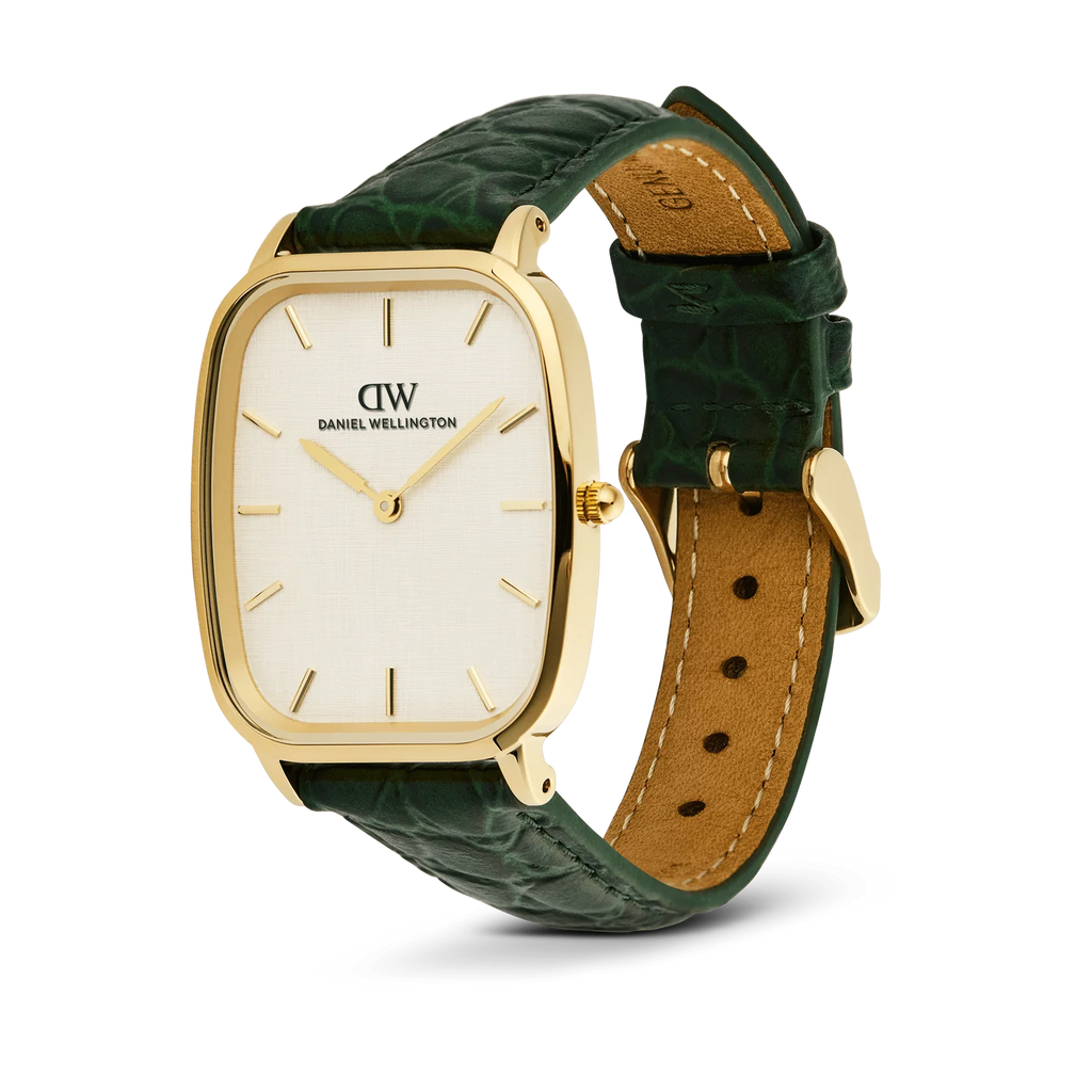 Daniel Wellington DW00100954 Marlon – Vista laterale cassa cushion gold cinturino pelle verde effetto coccodrillo da CICCO Gioielleria
