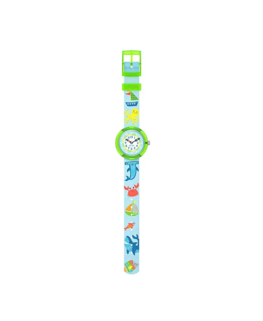 Orologio Flik Flak FBNP232 Colour in Neon – Cinturino azzurro con animali marini e cassa verde – Orologio educativo per bambini da CICCO Gioielleria