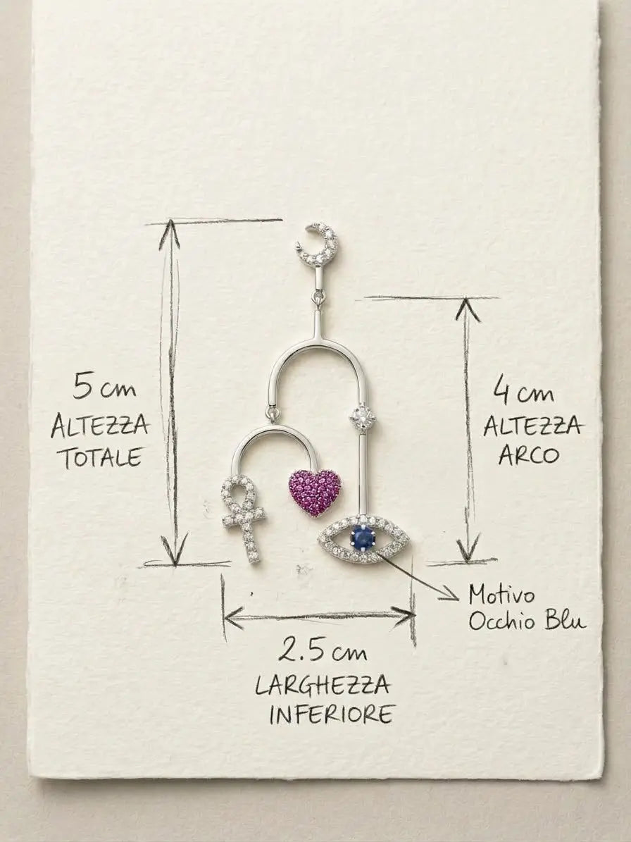 Orecchino ad archi OR0139 in argento 925 con simboli e pietre colorate, con misure: lunghezza totale 5 cm, parte pendente 4 cm e larghezza 2,5 cm, CICCO Gioielleria.