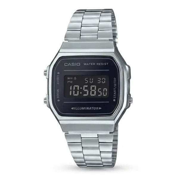 Casio Vintage A168WEM-1EF – orologio digitale in acciaio con finitura a specchio, cronometro e retroilluminazione LED