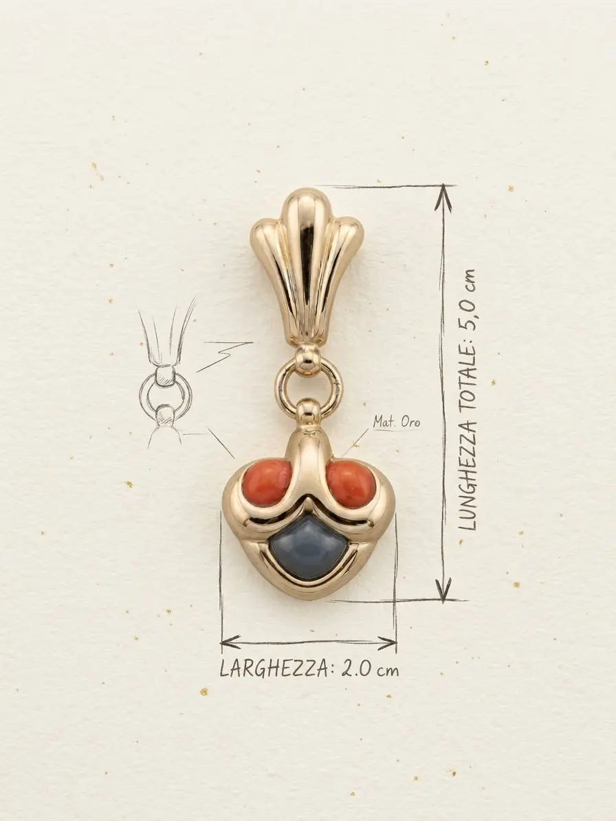 Dettaglio dell’orecchino OR0140 dorato con smalto colorato e misure indicate: lunghezza totale 5 cm e larghezza 2 cm.