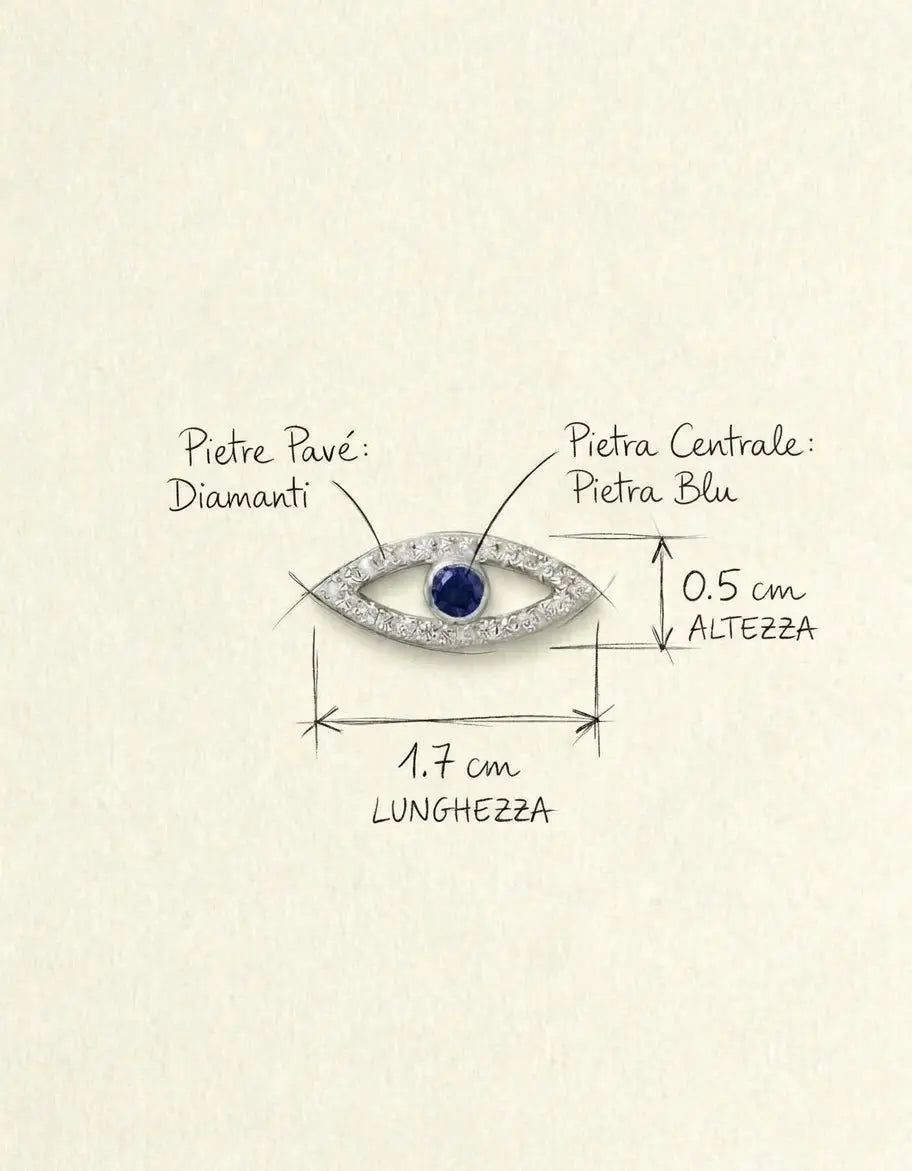 Orecchino a occhio greco in argento 925 con zirconi OR0124, con indicazione delle misure: larghezza 1,7 cm e altezza 0,5 cm, CICCO Gioielleria.
