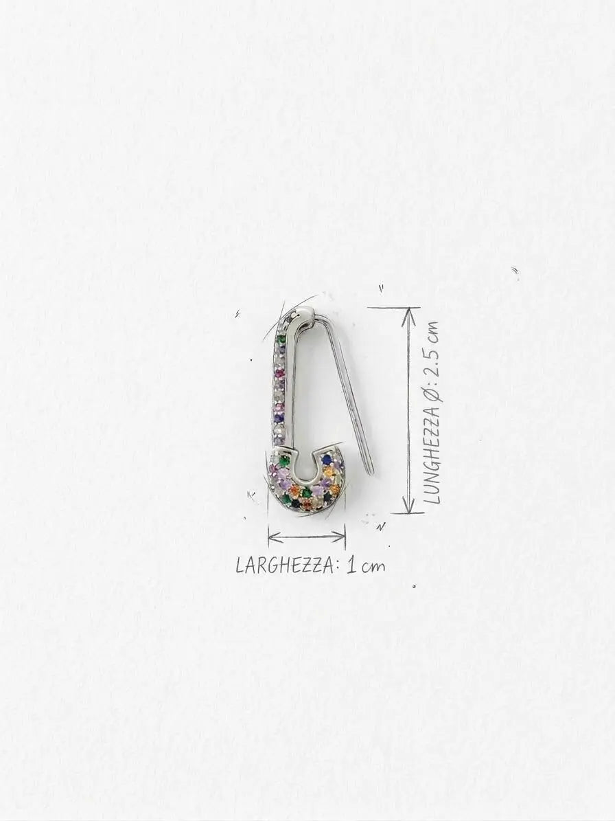 Monorecchino a spilla da balia in argento 925 con zirconi colorati OR0121, con indicazione delle misure: altezza 2,5 cm e larghezza 1 cm, CICCO Gioielleria.