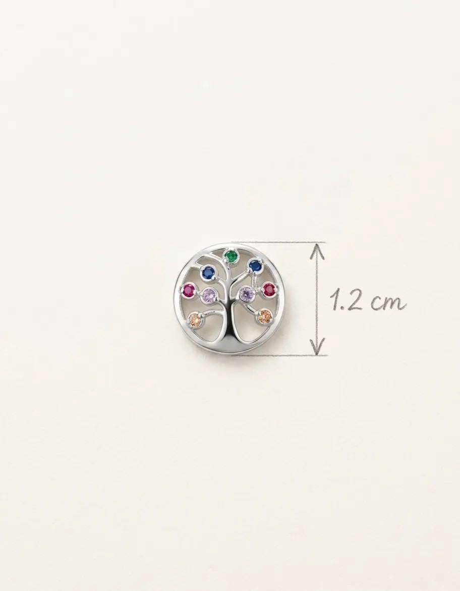 Orecchino albero della vita OR0128 in argento 925 con zirconi colorati, con indicazione del diametro di 1,2 cm.