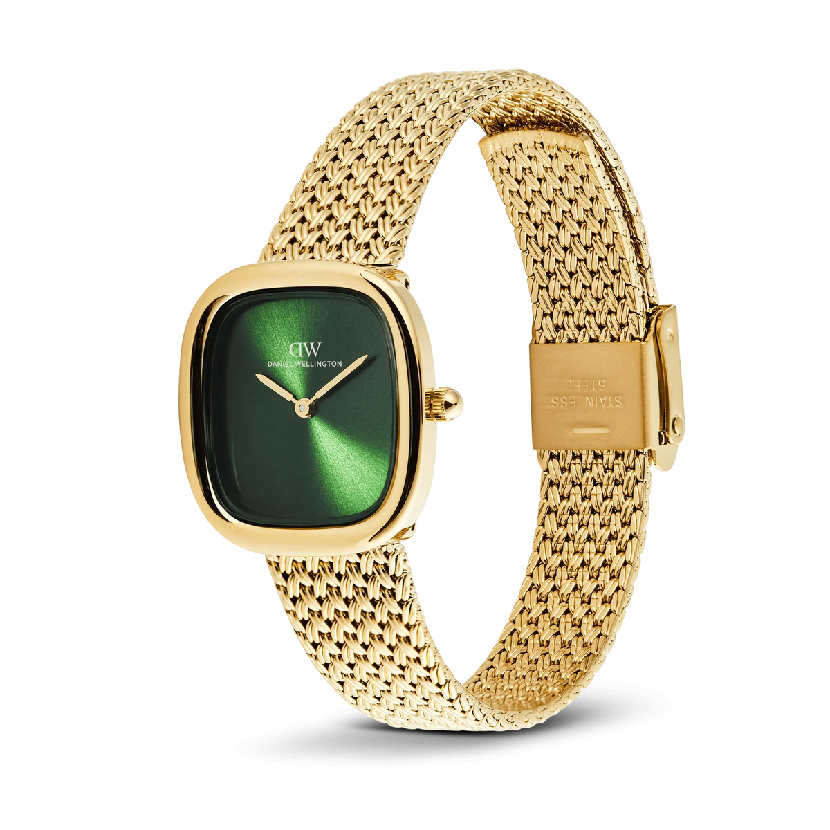 Daniel Wellington DW00100967 vista laterale – Bracciale mesh intrecciato oro verde smeraldo al polso