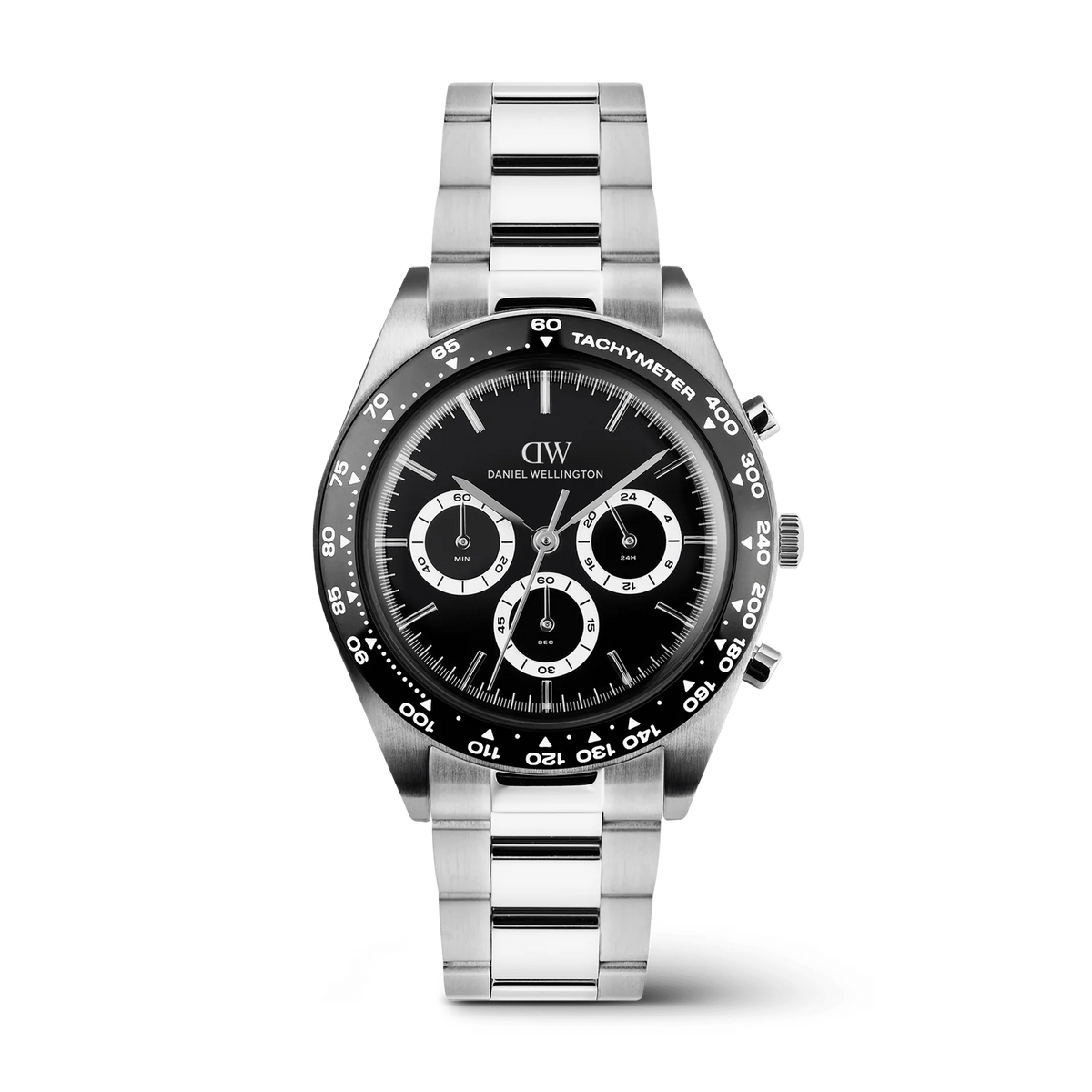 Daniel Wellington DW00100947 Iconic Tachymeter – Cronografo uomo 42mm quadrante nero lunetta tachimetro bracciale silver da CICCO Gioielleria