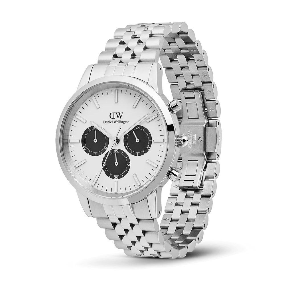 Orologio Daniel Wellington Iconic Chronograph Arch 5-Link Off-White Panda Silver DW00100872 Vista Laterale | CICCO Gioielleria
