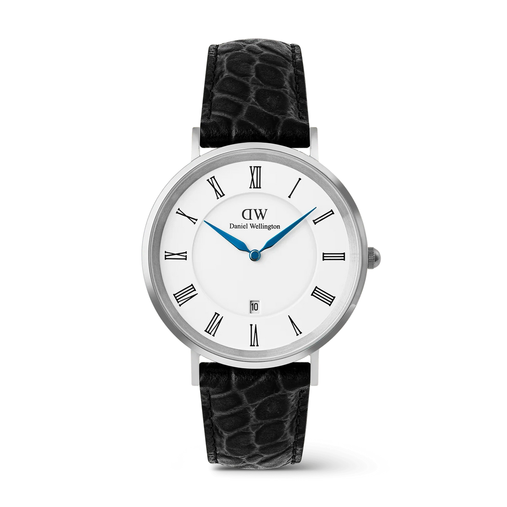 DW00100914 - Classic Roman Numerals Date Black Croc Belly Silve