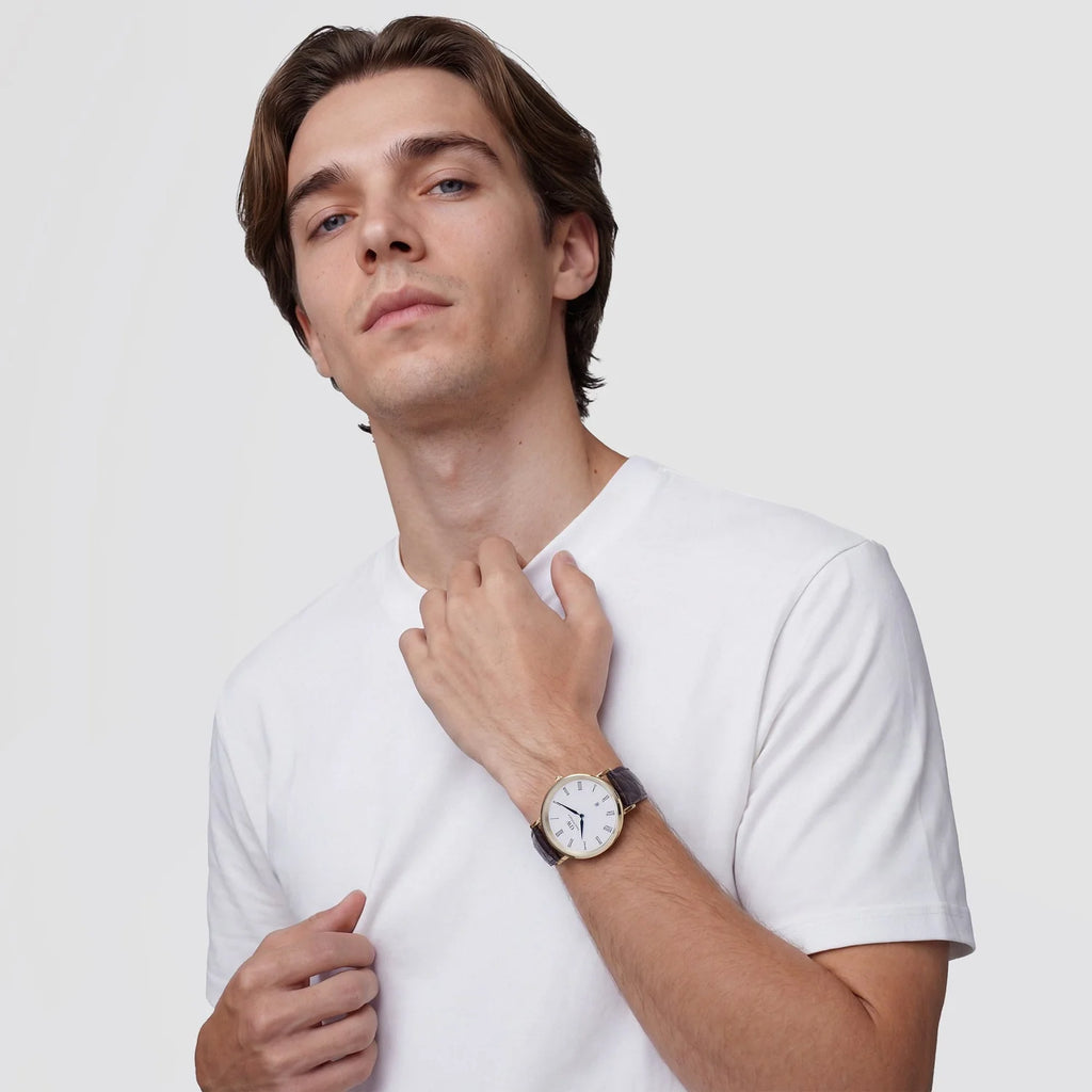 DW00100912 - Classic Roman Numerals Date Dark Brown Croc Belly Gold